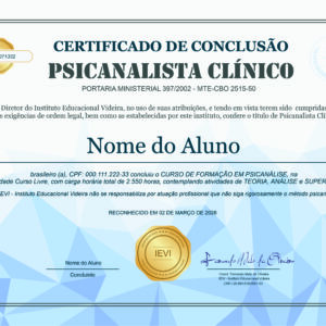Certificado Confeccionado - Psicanalista Clínico (Análise e Supervisão)